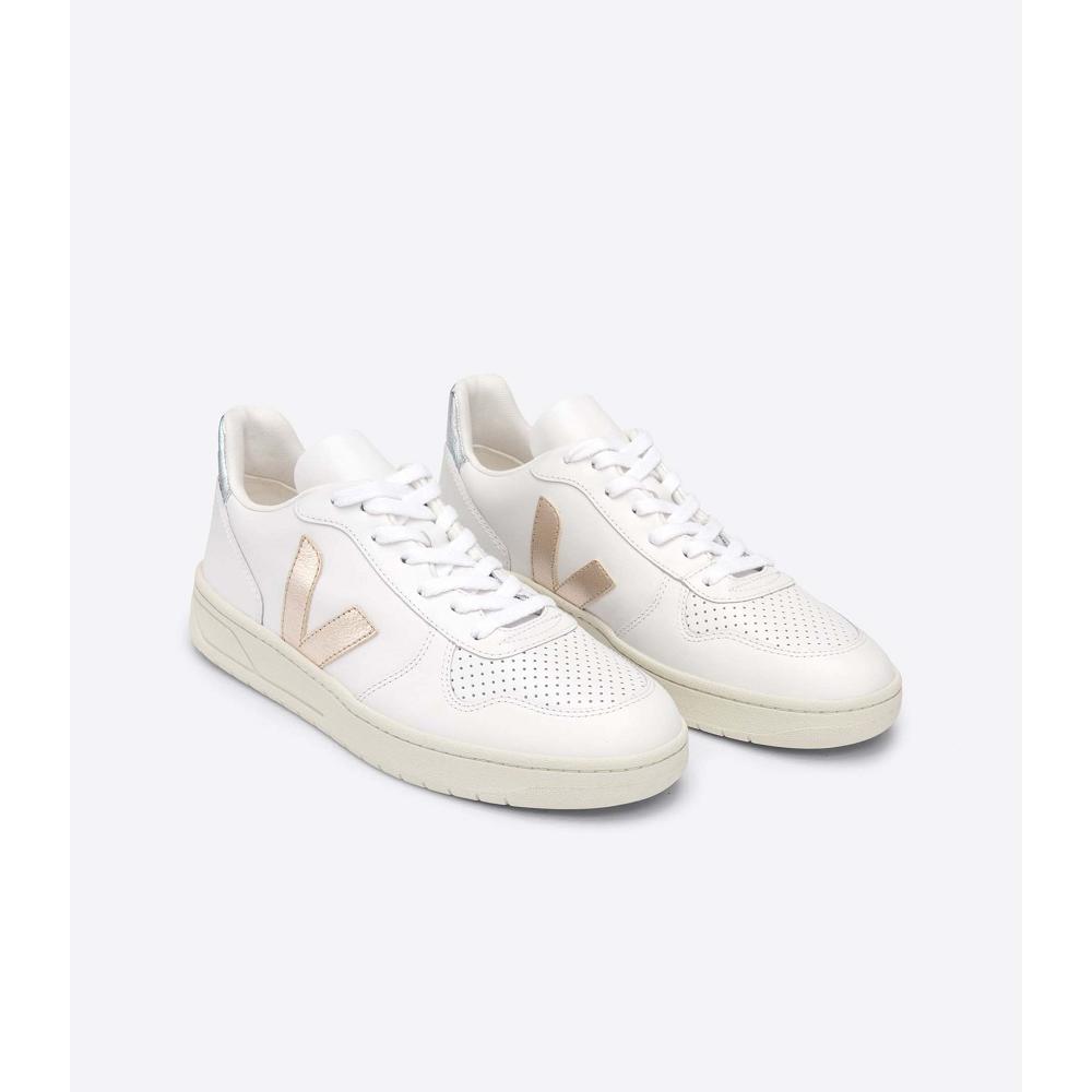 Veja V-10 LEATHER Women's Sneakers White/Silver | CA 650DFM